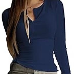 Women's & Girl's Long Sleeve Round Neck Solid Color Ruched Workwear Casual Top Half Button Down Henley Regular Fit T-Shirt for Women (Top 128)-picture-5