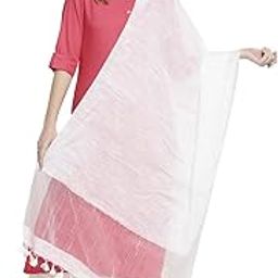 Women's White Linen Dupatta With Organza Border And Tassels, Free Size-52