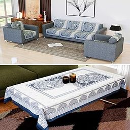 Kuber Industries Sofa & Center Table Cover Set | Net 5 Seater Sofa & 4 Seater Table Cover Combo | Furniture Protector Cover for Living Room | Mor Digital Print-837 | Blue-56