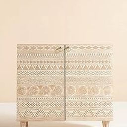 Decorative Wooden Bar Cabinet with Tribal Carved Pattern, 2-Door Storage Unit Whitewashed Finish Rustic Handcrafted Liquor Storage Cabinet for Living Room or Dining Area-image-25