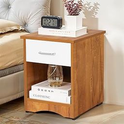 ABOUT SPACE Side Table, Bedside End Table with Drawer for Home Storage Organizer – Sofa Side Coffee Stand, Night Stand for Living Room Bedroom (Teak & White L 45.6 x B 40.6 x H 45.7 cm)-image-44