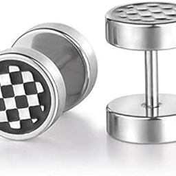 316L Stainless Steel Chequered Logo Screw Barbell Ear Studs for Men (Pair Of)-image-22