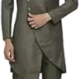 LIBAS Solid Sherwani Set | Festive Design | Embroidered shiny silk | Mandarian Collar Ethnic Wear Self Design For Men (Grey)-image-11