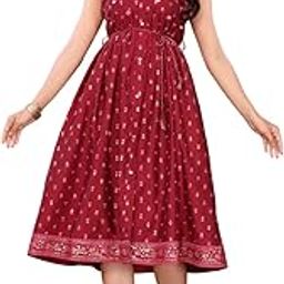 Women Maroon Viscose Poly Printed Flared Calf Length Dress-image-55