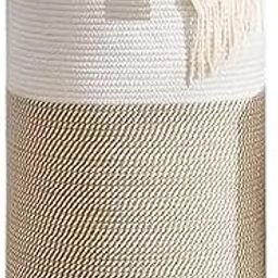 TRENDZOFY Jute And Cotton Rope Storage Basket, Large Laundry Hamper with Handles, Laundry basket For Toys, Clothes Storage Size 14x16 inch (BEIGE & WHITE)-image-32