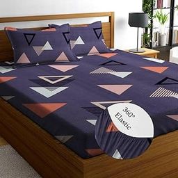 NEW TOWN Cotton Feel Glace Cotton Elastic Fitted Printed King Size Double Bed Bedsheet with 2 Pillow Covers and Fits Upto 8 inches Mattress, Size- 72"x78" Saffro 8884-image-45