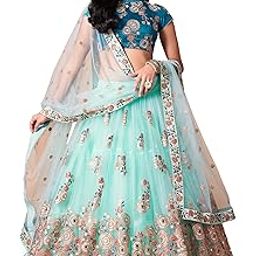 Women's Net Embroidered Semi-Stitched Bridal New Lehenga Choli with Dupatta (7315-Peach-Green-Wedding-Latest-Lehenga; Free Size)-18
