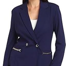 Women Blue Solid Notched Lapel Full Sleeves Double Breasted Blazer-picture-17