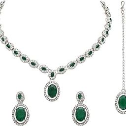 Silver Plated Stylish Design Crystal Diamond Necklace With Earrings & Maang Tikka Jewellery Set for Women-image-56