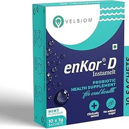 Velbiom EnKor-D Immunity Boosting Daily Probiotic for Oral Health Prevents Sore Throat, Cough, Oral Infections Prevents Bad Breath For Men and Women Clinically tested - 10 Sachets Pack, Mint Flavour-10