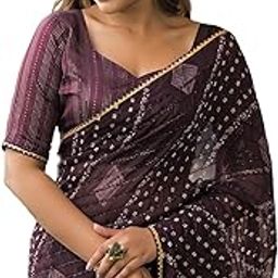 satrani Women's Weightless Georgette Shimmer Stripe Bandhani Printed Gota Lace Saree with Unstitched Blouse Piece-picture-5