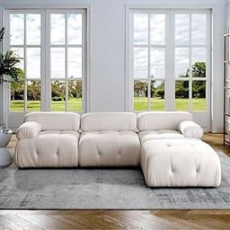 EPIC EVERGREEN ART - Modular Chesterfield Sectional L-Shaped 4 Seater Sofa Button Tufted Velvet Fabric Upholstery Multifunctional Sofa for Living Room, Bedroom, Guestroom, Hallways. (Beige)-image-32