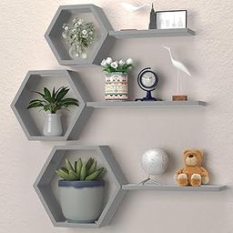 TrandAtoZ Wooden Hexagonal Floating Wall Shelves, Wall Mounted Set of 6 Accent Display Shelves for Books, Plants, Photos | Decorative Kitchen Shelves for Living Room, Bedroom, Bathroom (Grey)-image-57