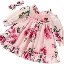 Pink Summer Floral Printed Full Sleeve Ruffle Pattern Baby Girl Frock-image-98