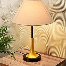 Homesake ® Rustic Farmhouse Metal Table Lamp Fabric Shade for Bedroom Living Room House Home Bedside Nightstand Office Family, Dual Color Trumpet Bell, (Khadi Cone)-image-11
