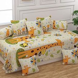 8 Pieces Giraffe Diwan Set for Kids Room Made with Pure Microfiber Package Contains One Single Bedsheet, 5 Cushions Covers and 2 Bolster Covers (Colour -Yellow)-80