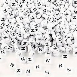 INDIKONB Alphabet Round Letter Beads – Pack of 200 White Bead with Black Letters, Perfect for Friendship Bracelets, Name Beads, Phone Charms, and Craft Projects (N)-image-135