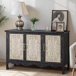 The DIQSHCET Style Wooden Sideboard Cabinet with 3 Doors, Floral Design – Elegant Storage Solution for Living Room, Dining Room, or Entryway (Black)-image-48