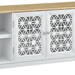 Goldview Furniture Farmhouse TV Stand with Decorative Doors – White Entertainment Console with Natural Oak Top and 4 Open Storage Shelves – Rustic Wooden Media Cabinet for Living Room-image-91