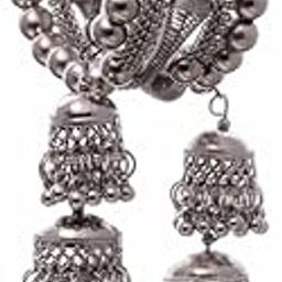 Women's Silver Oxidized Kada Bangle Bracelet With Jhumka Hangings, Ethnic Silver Oxidized Jhumka Hanging Cuff Bracelet, Jhumka Bangles Oxidized, Indian Jewellery Oxidized-17