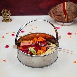 TORPPEZA Stainless Steel Puja Tokari | Traditional Pooja Basket for Flower and Fruits Round Flower Daliya With Handle (Size : 17.7cm | Weight : 228gm Approxe)-image-91