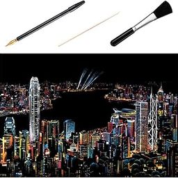 HEALLILY Children Gifts 4pcs Set Night View Scratchboard DIY Scratch Arts Scratch Off Craft Kits Scratchboard Art Materials for Adults and Kids Kids Tools-picture-27