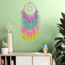 ILU® Dream Catcher with Lights, Wall Hangings, Crafts, Home Décor, Handmade for Bedroom, Balcony, Garden, Party, Café, Decoration, Wedding, Decorative, Pastel Multi Feathers (21 cm Diameter)-image-85