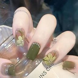 Beauty Tips 24Pcs Press On Acrylic Nails:Featuring elegant golden line designs and floral accents, sophistication and uniqueness! false nail.(Green floral, Z384)-image-27