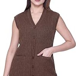Self Design Sleeveless V Neck Woollen Cardigan for Women with Front Pockets-5