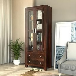 Sheesham Wood Bookshelf with Glass Door for Home Library Solid Wood Bookcase Wooden Crockery Cabinet for Kitchen Book Shelf (Walnut Finish)-23