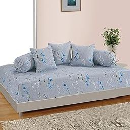 Swayam Floral Diwan Set with Bolster and Cotton Cushion Covers (Set of 6),Grey and Blue-image-2