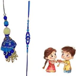 Royal Blue Rakhi Combo for Brother & Bhabhi | Designer Pearl Beaded Lumba & Rakhi Set | With Roli Chawal | Raksha Bandhan Gift-image-1