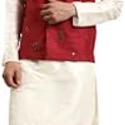 (Since 1958 Men's Silk Blend Cream Kurta & Churidaar Pyjama with Mirror Work Nehru Jacket Set-picture-4