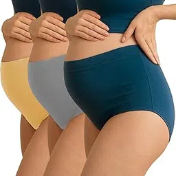 tummy Maternity Panty Pack of 3 Beige Blue Grey | High Waist Over Bump Pregnancy Underwear | Bamboo-Cotton Postpartum Panty | C Section Recovery | Soft Stretch Maternity Briefs for Women-picture-6