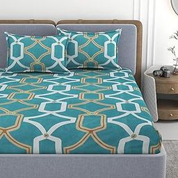 VOMZER 320 TC Cotton Feel All Around Elastic Fitted Printed Bedsheets King Size, Premium Fitted Bedsheets King Size for Double Bed with 2 Pillow Covers, Size- 78" x 72", Multicolour-image-91