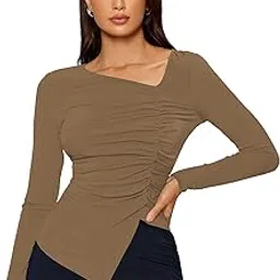 shasmi Women's & Girl's Polyester Regular Fit Long Sleeve Asymmetrical Neck Solid Color Ruched Front Asymmetrical Hem Tee Workwear Fancy Top T-Shirt-picture-18