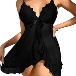 veeva beauty & fashion Women's Lace Floral Above Knee Baby Doll Lingerie Set for Honeymoon - Sexy Night Dress for Woman (Black)-picture-37