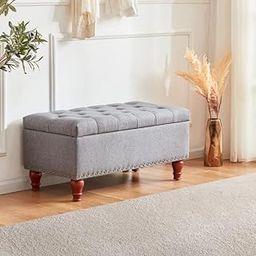 HOMECREST 35 Inch Upholstered Small Storage Ottoman, Button Ottoman with Safety Hinge, Solid Wood Legs, Ottoman Bench for Living Room, Bedroom, Entryway (Gray)-24