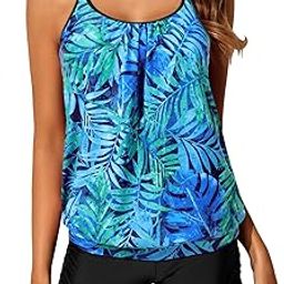 Womens Blouson Tankini Swimsuits Two Piece Strappy Bathing Suit Tops with Shorts Criss Cross Swimwear, Blue Leaves, Medium-image-84