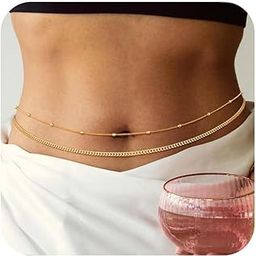1 Pcs Premium Body Chain for Women 14K Gold Plated Waist Beads Chain Gold Belly Belt Cuban Layered Body Chains Waterproof Adjustable Sexy Bikini Beach Body J 26.5-33Inch-image-34