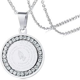 Stainless Steel Circle of Crystal Our Father Lord's Prayer English Bible Verse Necklace, Praying Hands Coin Pendant Christian Jewelry For Men Women-0