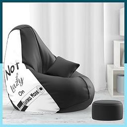 BiggieBean Bag with Beans Filled 4XL Bean Bag with Free Cushion and Footrest - Official : StyleSack Combo (Matching Color : Printed, Not Lazy - Black White), Faux Leather-picture-27
