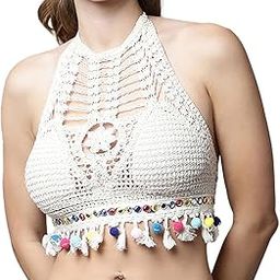Women's Crochet Halter Neck Padded Bikini Tops Backless Lace Up Beachwear Bralette Crop Top 102 (One Size XS-S) Bust 28-34 Inch-image-90