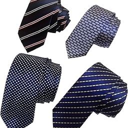 Men's Slim Skinny Satin Neckties Set of 4, Navy Blue Patterns, Polka Dot, Striped and Geometric Designs,Width-2.5 Inch-1