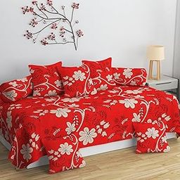 Diwan Set Covers 8 Pieces Poly Cotton Designer Printed Standard Diwan Set (1 Single Bedsheet, 2 Bolster Covers, 5 Cushion Covers) (Red)-image-26