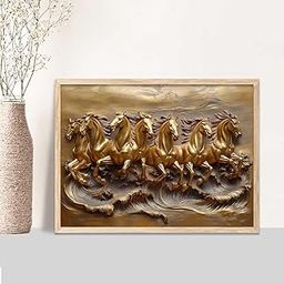 HOTHOUSE Seven Running Horses Vastu Framed Wall Art | Golden 3D Horses Design | Wall Painting for Home, Office & Living Room Décor-image-88