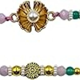 Traditional Bhaiya Bhabhi Rakhi Set Handcrafted Floral Rakhi with Beads, Gold and Pink Thread-image-50