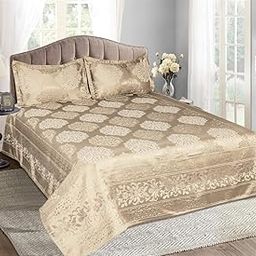 Victor Poly Cotton Styria Satin Bedcover for Double Bed/Luxury Damask Geometrical Extra Soft Bed Spread, Exclusive for Wedding (Bed Cover - 90" X 100", 2 Pillow Covers - 18" X 27"),Fawn-6