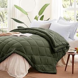 SunStyle Home Quilt Queen Green Lightweight Comforter Reversible Bedspread for All Season Soft Cozy Quilted Summer Blanket Down Alternative Bedding (90"x90" Olive Green)-image-9