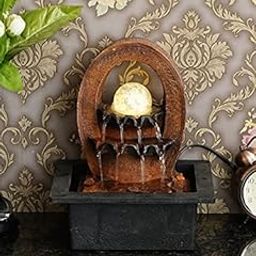 CHRONIKLE Polyresin Brown Elegant Oval Table Top Indoor 2 Steps Waterfall Fountain with Yellow LED Lights, Water Flow Controller Pump and Rotating Ball (Size: 25 x 21 x 18.5 CM | Weight: 1180 grm)-14